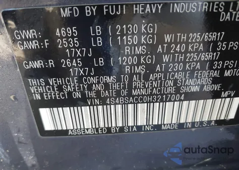 2017 Subaru Outback 2.5I Premium z USA, uszkodzony, nr VIN 4S4BSACC0H3217004